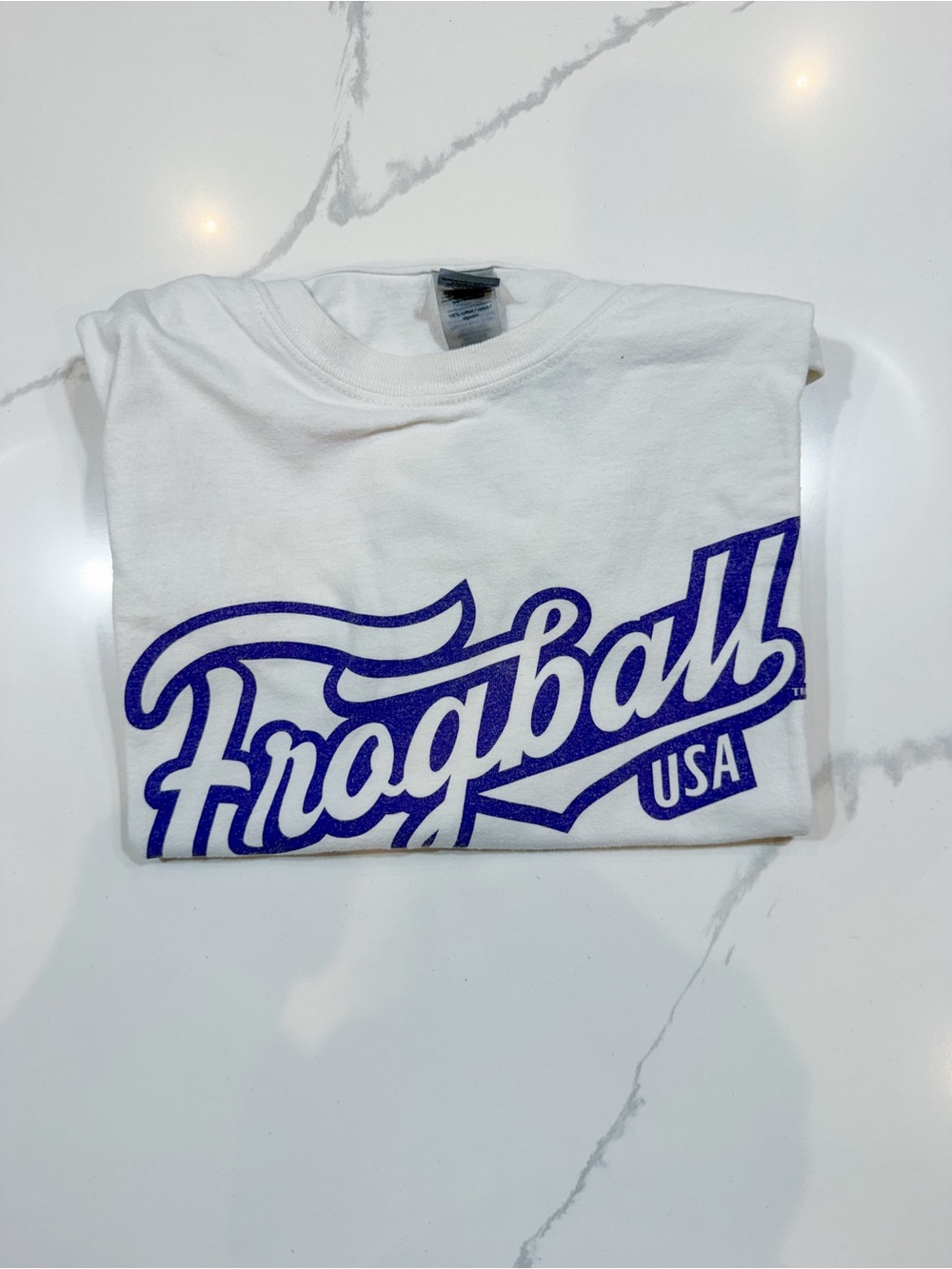 Gildan White Short Sleeve Tee with Blue 'Frogball USA' Graphic